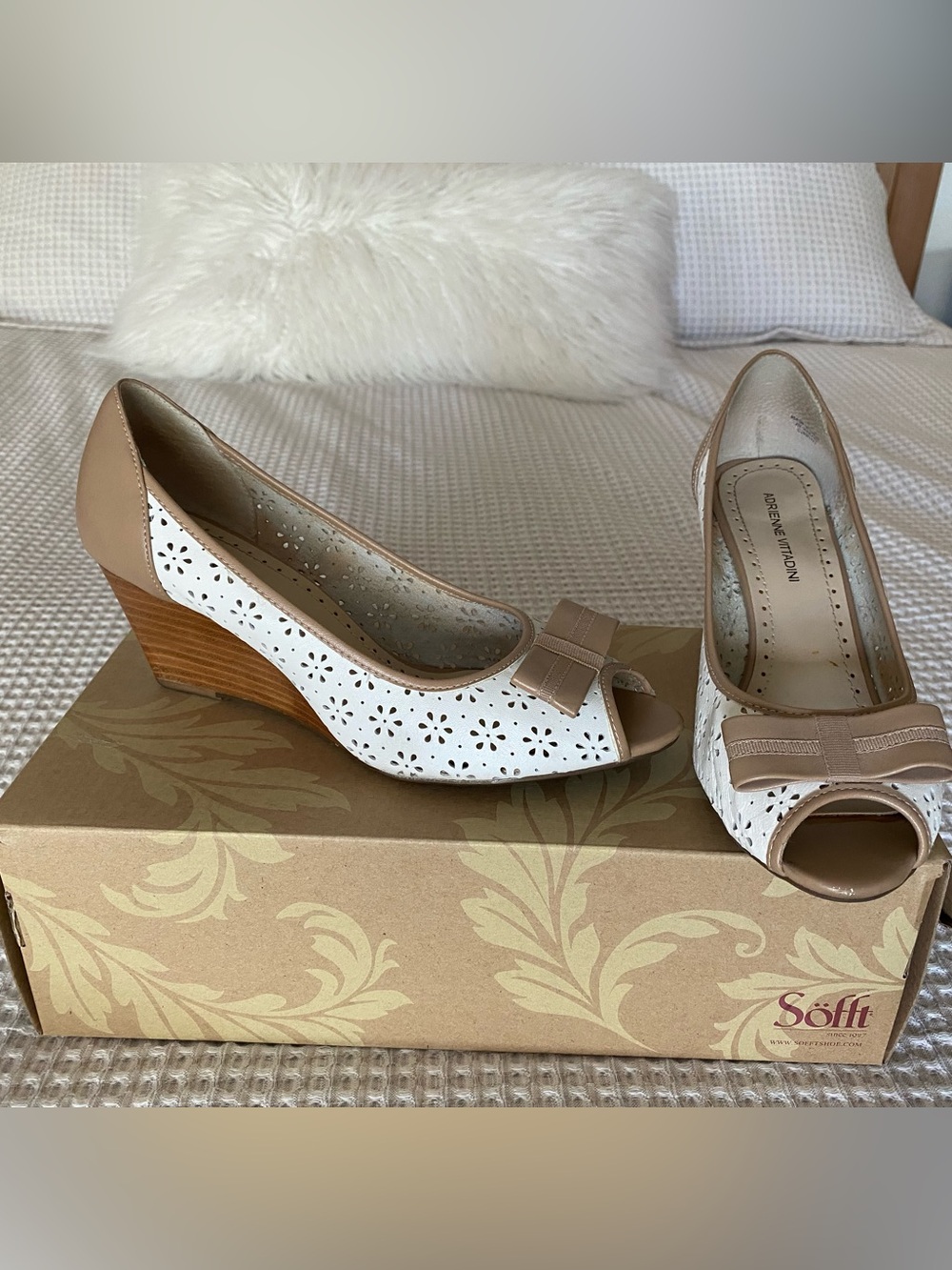 Adrienne Vittadini White and Taupe Leather Peep-Toe Wedge Sandals with Bow